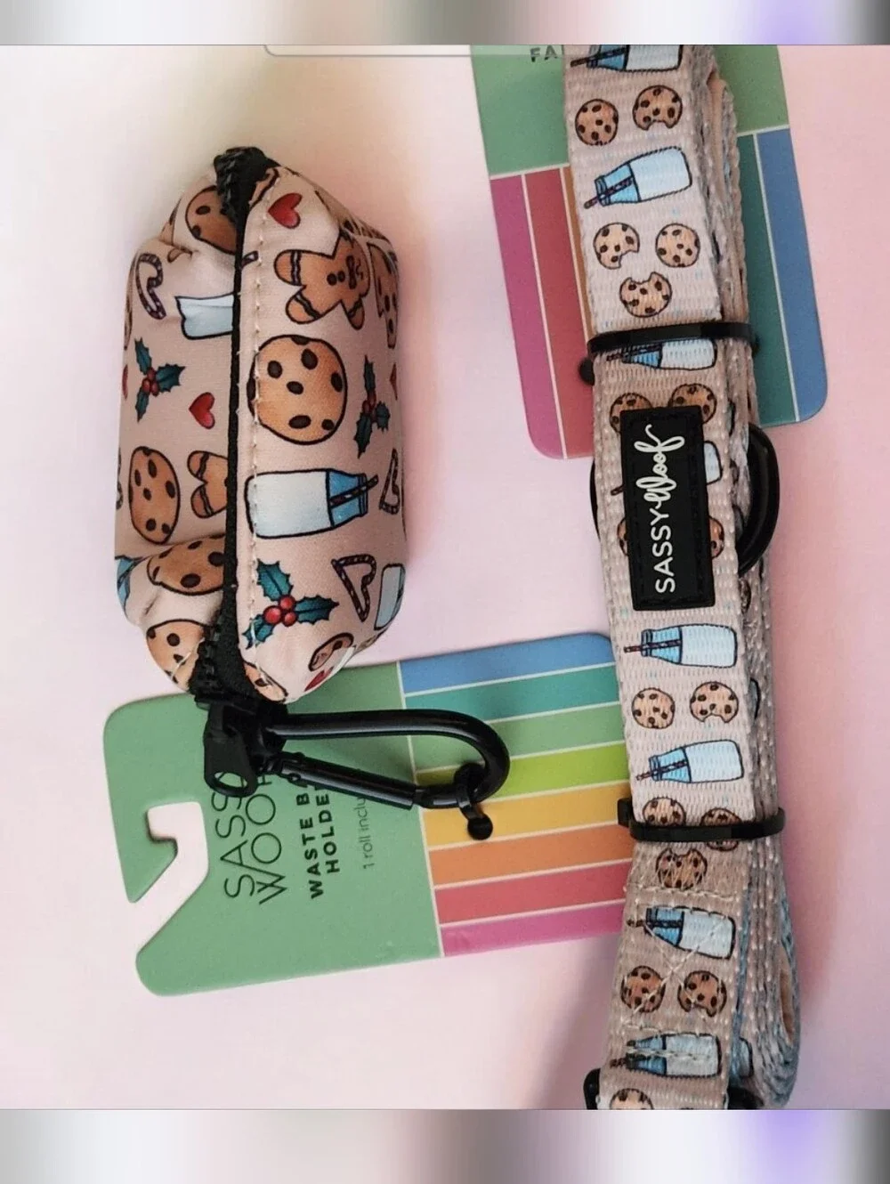 Pet Dog Collar and Waste Bag Holder Set in Beige Cookie & Milk Print